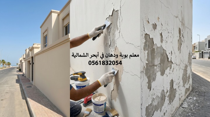 صورة تظهر إصلاح تقشر الحوائط وتجهيز السطح بدقة قبل بدء العمل بواسطة معلم بوية ودهان في أبحر الشمالية بجدة، مع خصم 18% من لمسات.