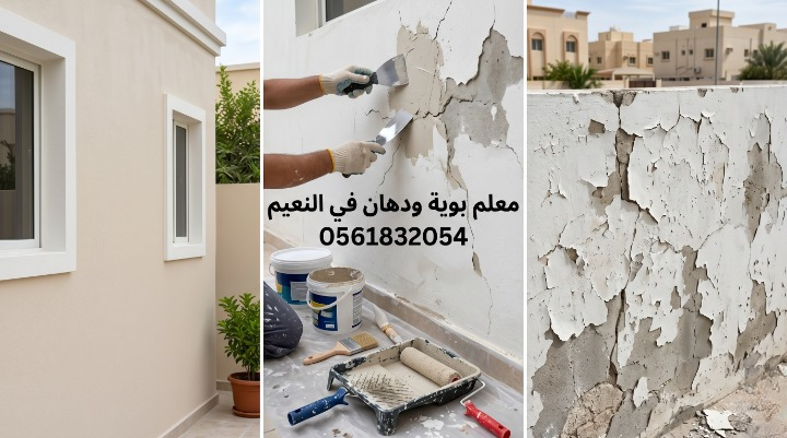 صورة تظهر إصلاح تقشر الحوائط وتجهيز السطح بدقة قبل بدء العمل بواسطة معلم بوية ودهان في النعيم بجدة، مع خصم 18% من لمسات.