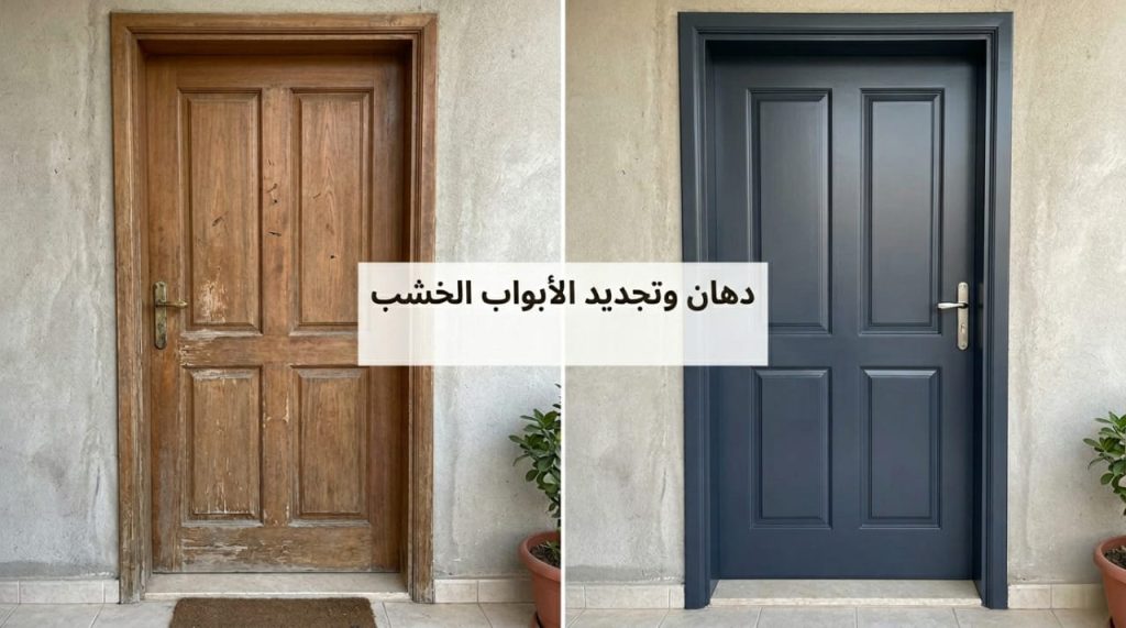 صورة تظهر معالجة خدوش وبهتان الألوان قبل تنفيذ دهان أبواب خشب داخلية بجدة، مع خصم 18% من لمسات.