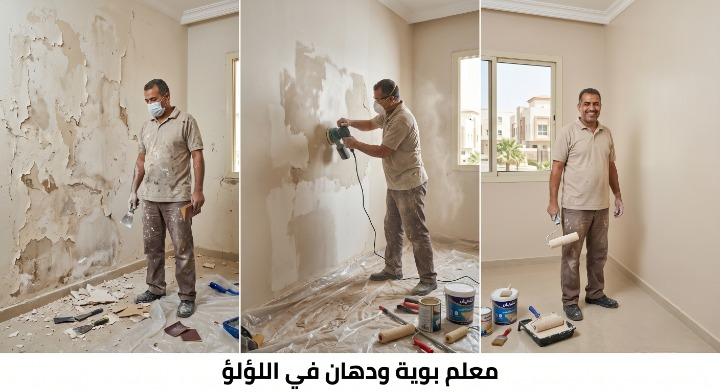 صورة تظهر إصلاح تقشر الحوائط وتجهيز السطح بدقة قبل بدء العمل بواسطة معلم بوية ودهان في اللؤلؤ بجدة، مع خصم ١٨٪ من لمسات.