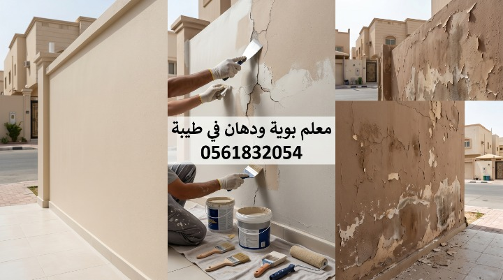 صورة تظهر إصلاح تقشر الحوائط وتجهيز السطح بدقة قبل بدء العمل بواسطة معلم بوية ودهان في طيبة بجدة، مع خصم ١٨٪ من لمسات.