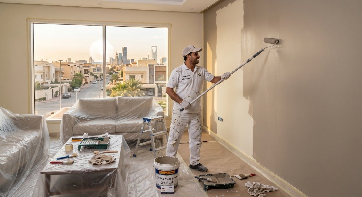 صورة تظهر إصلاح تقشر الحوائط وتجهيز السطح بدقة قبل بدء العمل بواسطة معلم بوية ودهان في الريان بجدة، مع خصم ١٨٪ من لمسات.