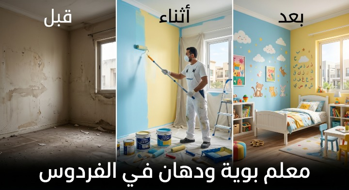 صورة تظهر إصلاح تقشر الحوائط وتجهيز السطح بدقة قبل بدء العمل بواسطة معلم بوية ودهان في الفردوس بجدة، مع خصم ١٨٪ من لمسات.