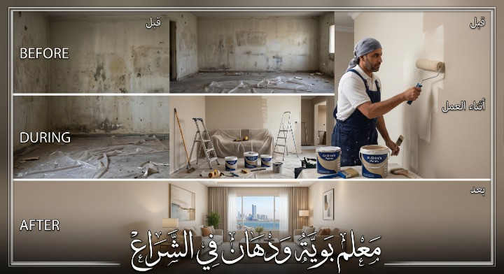 صورة تظهر إصلاح تقشر الحوائط وتجهيز السطح بدقة قبل بدء العمل بواسطة معلم بوية ودهان في الشراع بجدة، مع خصم ١٨٪ من لمسات.