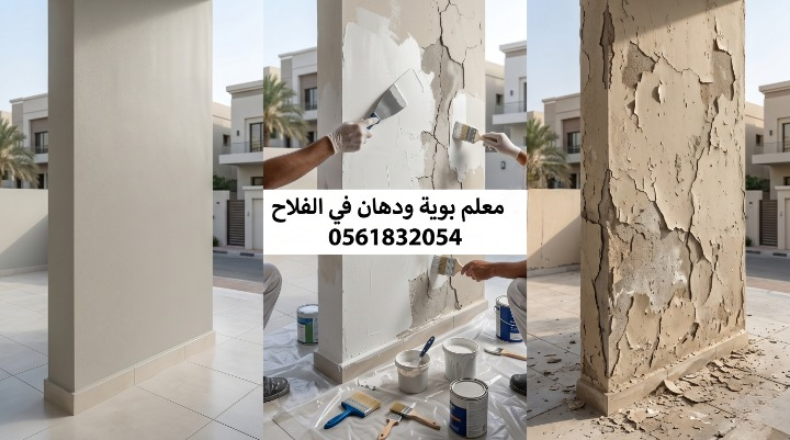 صورة تظهر إصلاح تقشر الحوائط وتجهيز السطح بدقة قبل بدء العمل بواسطة معلم بوية ودهان في الفلاح بجدة، مع خصم ١٨٪ من لمسات.