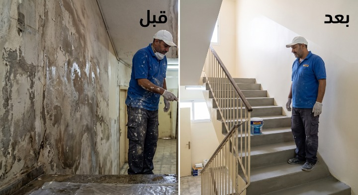صورة تظهر إصلاح تقشر الحوائط وتجهيز السطح بدقة قبل بدء العمل بواسطة معلم بوية ودهان في العزيزية مع خصم ١٨٪ من لمسات.