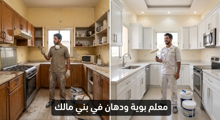صورة تظهر إصلاح تقشر الحوائط وتجهيز السطح بدقة قبل بدء العمل بواسطة معلم بوية ودهان في بني مالك، مع خصم ١٨٪ من لمسات.