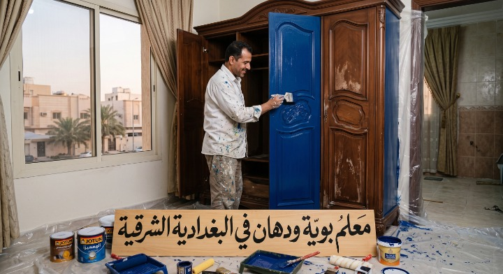 صورة تظهر إصلاح تقشر الحوائط وتجهيز السطح بدقة قبل بدء العمل بواسطة معلم بوية ودهان في البغدادية الشرقية مع خصم ١٨٪ من لمسات.