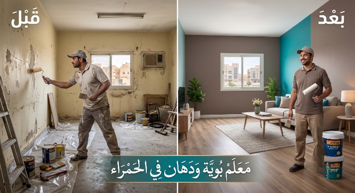 صورة تظهر إصلاح تقشر الحوائط وتجهيز السطح بدقة قبل بدء العمل بواسطة معلم بوية ودهان في الحمراء مع خصم ١٨٪ من لمسات.
