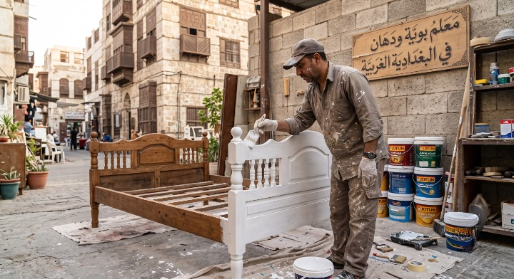 صورة تظهر إصلاح تقشر الحوائط وتجهيز السطح بدقة قبل بدء العمل بواسطة معلم بوية ودهان في البغدادية الغربية، مع خصم ١٨٪ من لمسات.