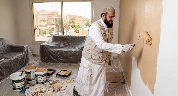 صورة تظهر إصلاح تقشر الحوائط وتجهيز السطح بدقة قبل بدء العمل بواسطة معلم بوية ودهان في السنابل، مع خصم ١٨٪ من لمسات.