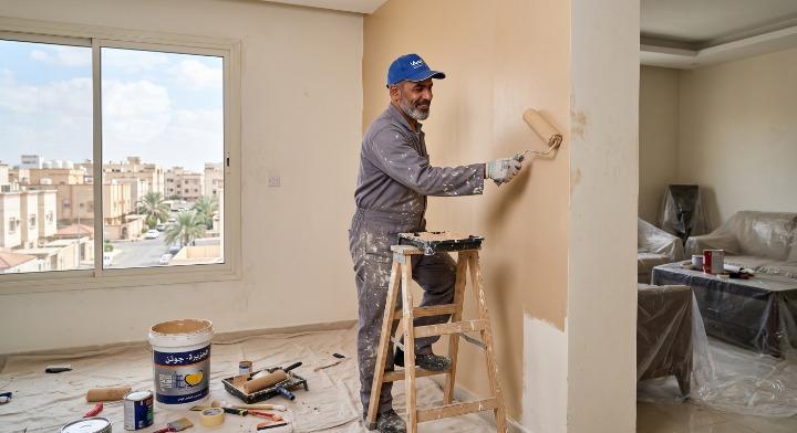صورة تظهر إصلاح تقشر الحوائط وتجهيز السطح بدقة قبل بدء العمل بواسطة معلم بوية ودهان في الصفا ، مع خصم ١٨٪ من لمسات.