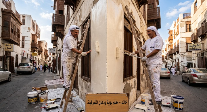 صورة تظهر إصلاح تقشر الحوائط وتجهيز السطح بدقة قبل بدء العمل بواسطة معلم بوية ودهان في الشرفية، مع خصم ١٨٪ من لمسات.